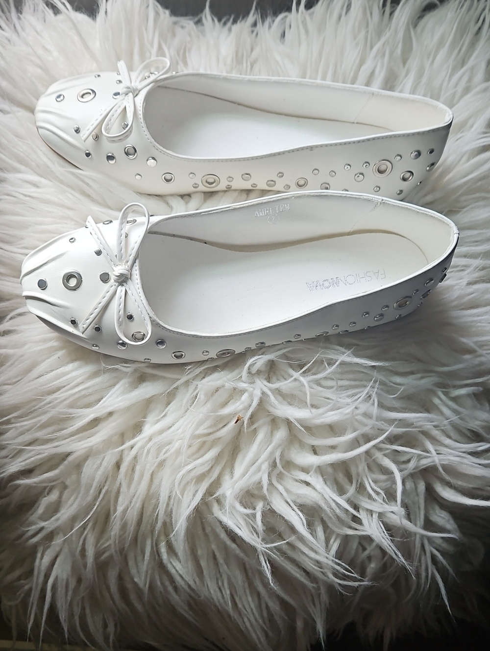 Fashion Nova White Studded Bow Ballet Flats